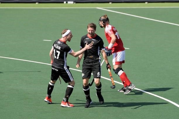 Martin Haner of Germany scores first Germany goal during the Euro Hockey Championships match between England and Germany at Wagener Stadion on June...