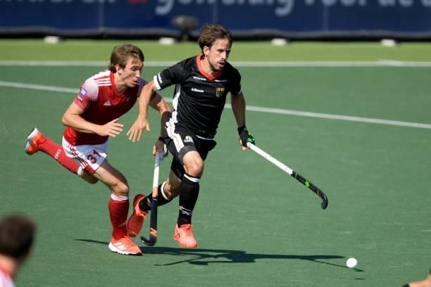 Benedikt Furk of Germany during the Euro Hockey Championships match between England and Germany at Wagener Stadion on June 10, 2021 in Amstelveen,...