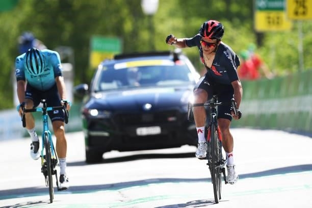 Richard Carapaz of Ecuador and Team INEOS Grenadiers celebrates at arrival ahead of Jakob Fuglsang of Denmark and Team Astana – Premier Tech during...