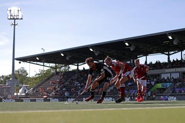 General view as Brendan Creed of England battles for the ball with Constantin Staib of Germany during the Euro Hockey Championships Mens Semi Final...