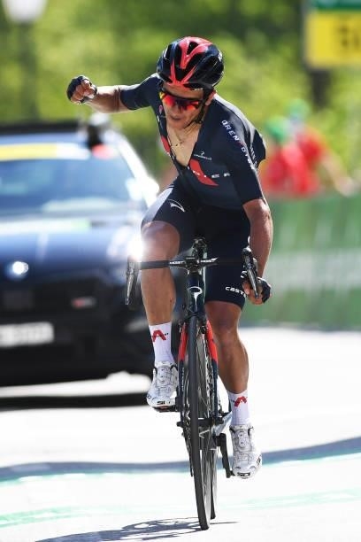 Richard Carapaz of Ecuador and Team INEOS Grenadiers celebrates at arrival during the 84th Tour de Suisse 2021, Stage 5 a 175,2km stage from Gstaad...