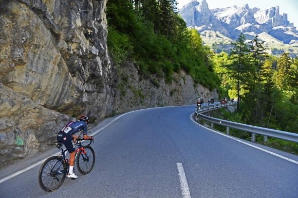 Richard Carapaz of Ecuador and Team INEOS Grenadiers in the Breakaway at Leukerbad final climb during the 84th Tour de Suisse 2021, Stage 5 a 175,2km...
