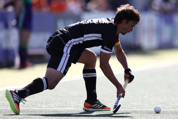 Tobias Hauke of Germany in action during the Euro Hockey Championships Mens Semi Final match between England and Germany at Wagener Stadion on June...