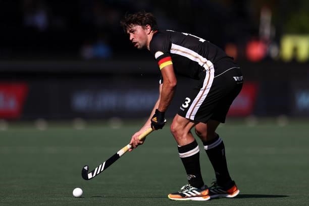 Tobias Hauke of Germany shoots on goal during the Euro Hockey Championships Mens Semi Final match between England and Germany at Wagener Stadion on...