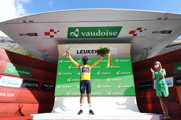 Richard Carapaz of Ecuador and Team INEOS Grenadiers Yellow Leader Jersey celebrates at podium during the 84th Tour de Suisse 2021, Stage 5 a 175,2km...