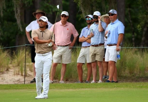 Satoshi Kodaira of Japan plays his shot on the 11th hole during the first round of the Palmetto Championship at Congaree on June 10, 2021 in...