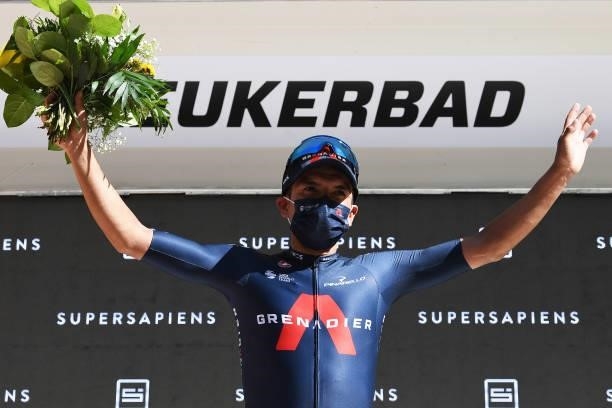 Richard Carapaz of Ecuador and Team INEOS Grenadiers celebrates at podium during the 84th Tour de Suisse 2021, Stage 5 a 175,2km stage from Gstaad to...