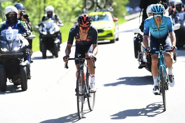 Richard Carapaz of Ecuador and Team INEOS Grenadiers & Jakob Fuglsang of Denmark and Team Astana – Premier Tech in the Breakaway during the 84th Tour...