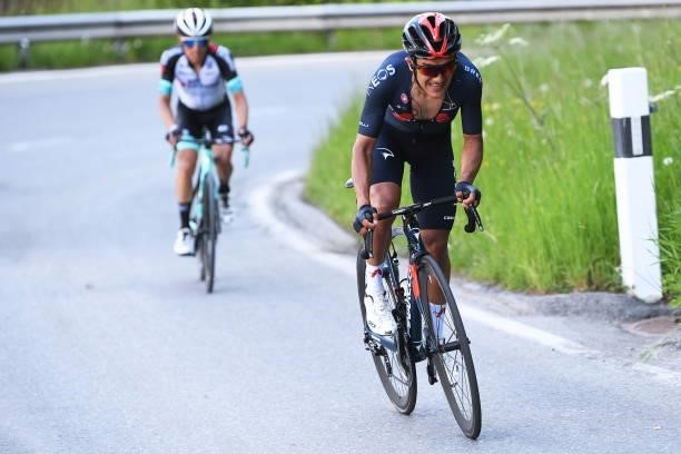 Johan Esteban Chaves Rubio of Colombia and Team Bikeexchange & Richard Carapaz of Ecuador and Team INEOS Grenadiers during the 84th Tour de Suisse...
