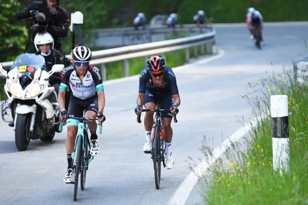 Johan Esteban Chaves Rubio of Colombia and Team Bikeexchange & Richard Carapaz of Ecuador and Team INEOS Grenadiers in the Breakaway during the 84th...