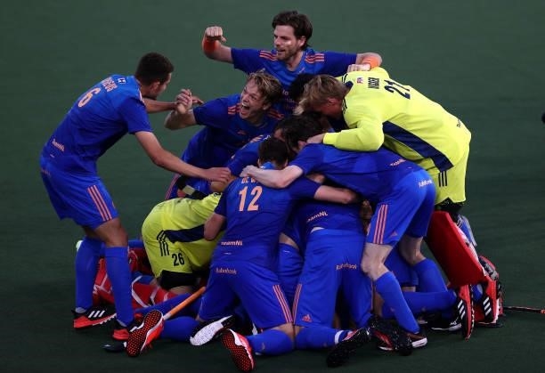 The team of Netherlands celebrate victory in the penalty shoot out during the Euro Hockey Championships Mens Semi Final match between Netherlands and...