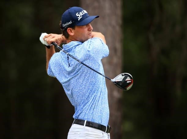 Smylie Kaufman plays his shot from the 11th tee during the first round of the Palmetto Championship at Congaree on June 10, 2021 in Ridgeland, South...