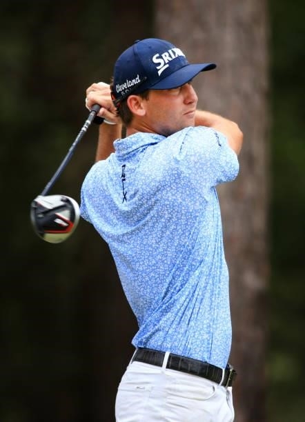 Smylie Kaufman plays his shot from the 11th tee during the first round of the Palmetto Championship at Congaree on June 10, 2021 in Ridgeland, South...