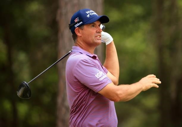 Padraig Harrington of Ireland plays his shot from the 11th tee during the first round of the Palmetto Championship at Congaree on June 10, 2021 in...