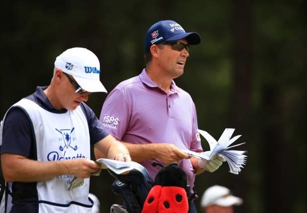 Padraig Harrington of Ireland prepares to play his shot from the 11th tee during the first round of the Palmetto Championship at Congaree on June 10,...