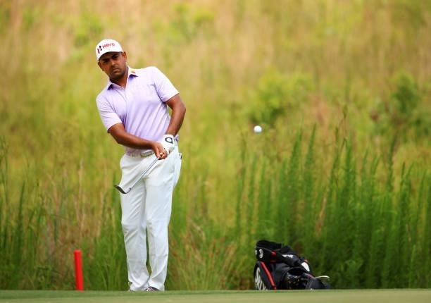 Anirban Lahiri of chips onto the 10th hole during the first round of the Palmetto Championship at Congaree on June 10, 2021 in Ridgeland, South...