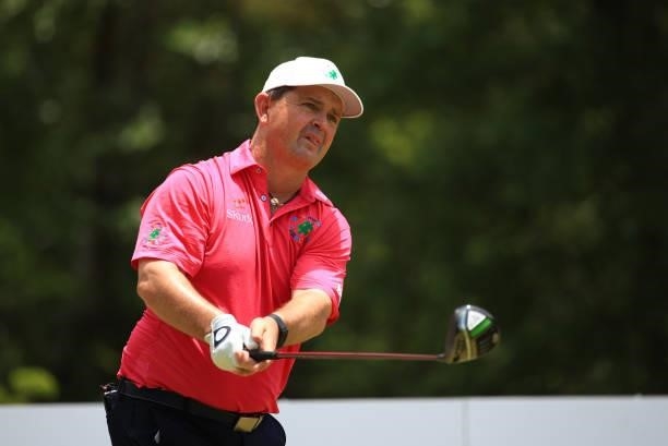 Greg Chalmers of Australia plays his shot from the 12th tee during the first round of the Palmetto Championship at Congaree on June 10, 2021 in...