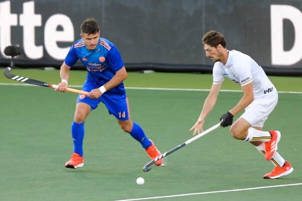 Robbert Kemperman of the Netherlands and Antoine Kina of Belgium during the Euro Hockey Championships match between Netherlands and Belgium at...