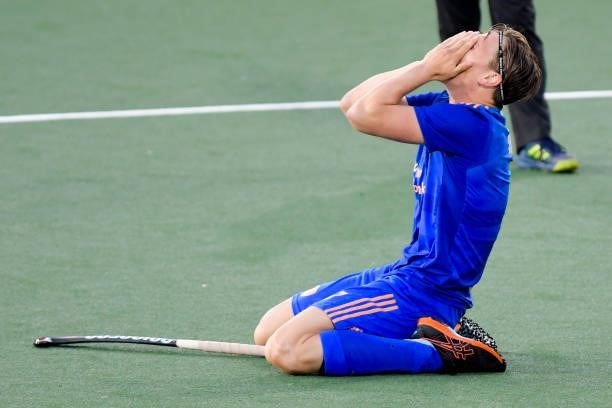 Jorrit Croon of the Netherlands celebrating and crying after Netherlands reached the final during the Euro Hockey Championships match between...