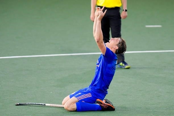 Jorrit Croon of the Netherlands celebrating and crying after Netherlands reached the final during the Euro Hockey Championships match between...