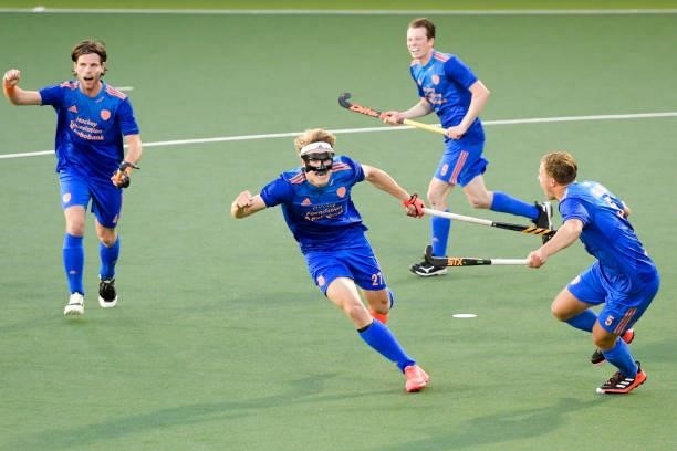 Jip Janssen of the Netherlands celebrates after scoring his sides second goal with Thijs van Dam of the Netherlands during the Euro Hockey...