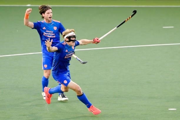 Jip Janssen of the Netherlands and Lars Balk of the Netherlands celebrating their sides second goal during the Euro Hockey Championships match...