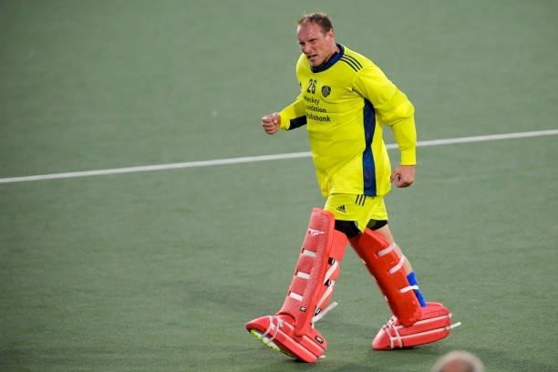 Goalkeeper Pirmin Blaak of the Netherlands celebrates that Netherlands reached the final during the Euro Hockey Championships match between...