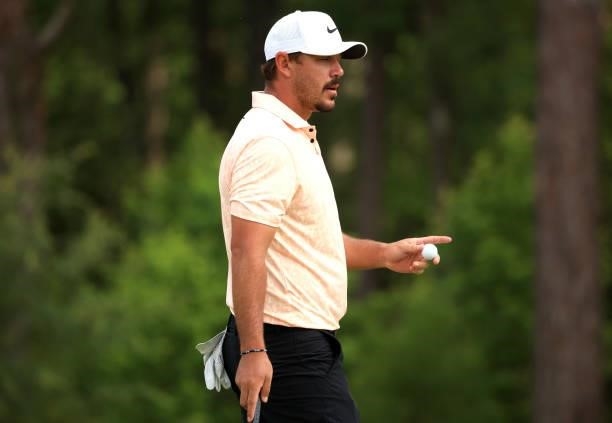 Brooks Kopeka reacts to his shot on the 12th hole during the first round of the Palmetto Championship at Congaree on June 10, 2021 in Ridgeland,...