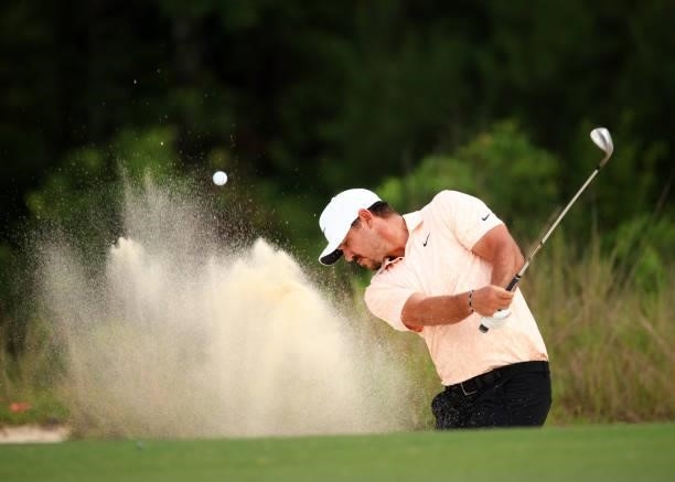 Brooks Kopeka plays a shot from a bunker on the 12th hole during the first round of the Palmetto Championship at Congaree on June 10, 2021 in...