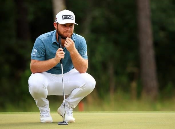 Tyrrell Hatton of England lines up a putt on the 11th green during the first round of the Palmetto Championship at Congaree on June 10, 2021 in...