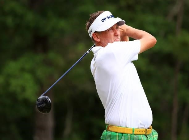 Ian Poulter of England plays his shot from the 12th tee during the first round of the Palmetto Championship at Congaree on June 10, 2021 in...