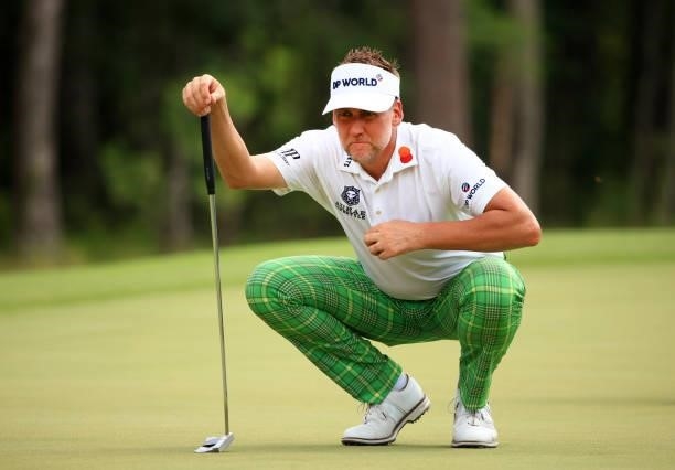 Ian Poulter of England lines up a putt on the 11th green during the first round of the Palmetto Championship at Congaree on June 10, 2021 in...