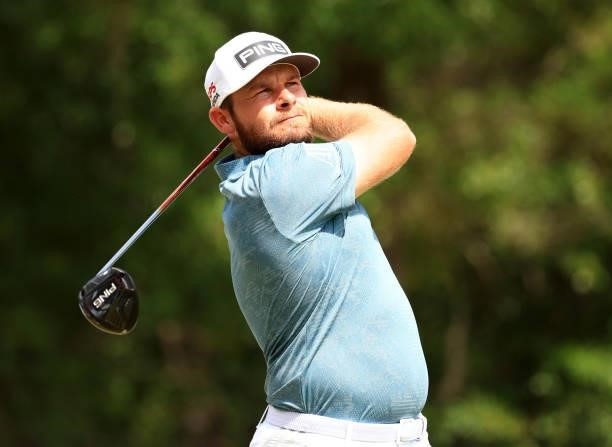 Tyrrell Hatton of England plays his shot from the 12th tee during the first round of the Palmetto Championship at Congaree on June 10, 2021 in...