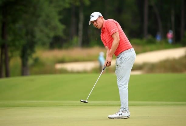 Matthew Fitzpatrick of England putts on the 11th green during the first round of the Palmetto Championship at Congaree on June 10, 2021 in Ridgeland,...