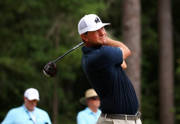 Lucas Glover plays his shot from the 12th tee during the first round of the Palmetto Championship at Congaree on June 10, 2021 in Ridgeland, South...