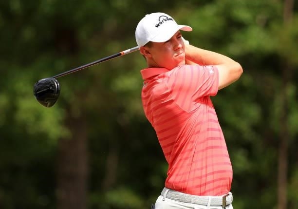Matthew Fitzpatrick of England plays his shot from the 12th tee during the first round of the Palmetto Championship at Congaree on June 10, 2021 in...