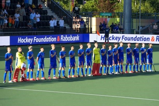 Team of Netherlands during the national anthem during the Euro Hockey Championships match between Netherlands and Belgium at Wagener Stadion on June...