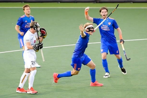 Jip Janssen of the Netherlands celebrating their sides second goal during the Euro Hockey Championships match between Netherlands and Belgium at...