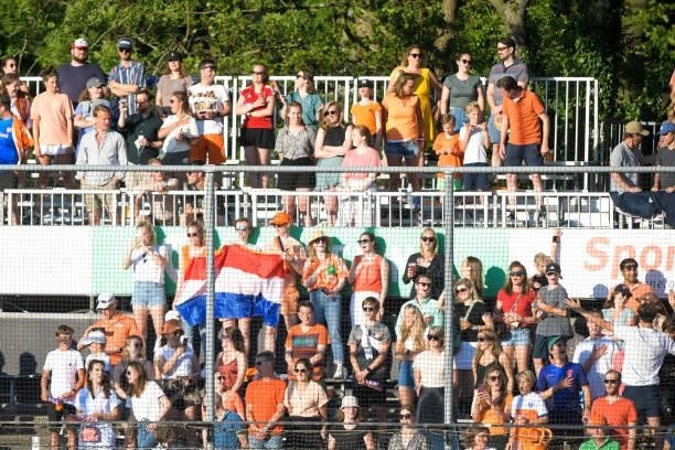 Supporters of Netherlands during the Euro Hockey Championships match between Netherlands and Belgium at Wagener Stadion on June 10, 2021 in...