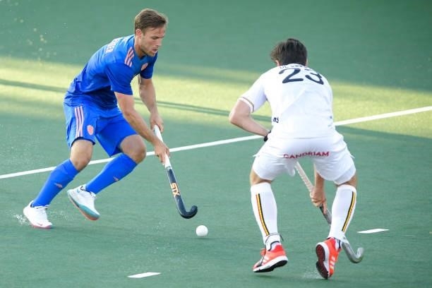 Jeroen Hertzberger of the Netherlands and Arthur de Sloover of Belgium during the Euro Hockey Championships match between Netherlands and Belgium at...