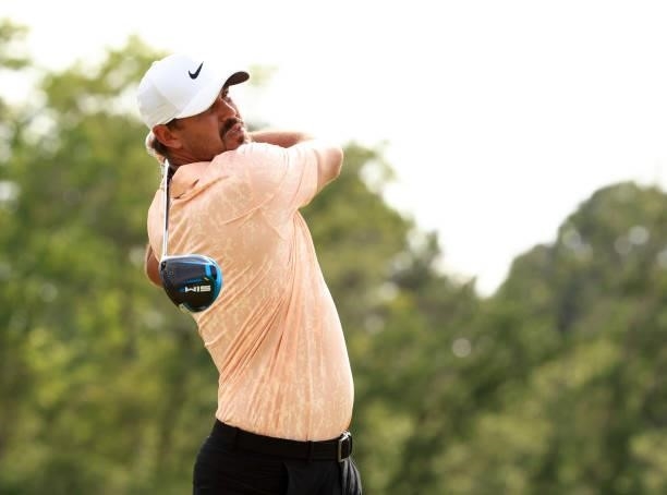 Brooks Koepka plays his shot from the 17th tee during the first round of the Palmetto Championship at Congaree on June 10, 2021 in Ridgeland, South...