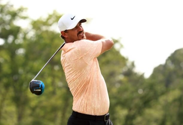 Brooks Koepka plays his shot from the 17th tee during the first round of the Palmetto Championship at Congaree on June 10, 2021 in Ridgeland, South...