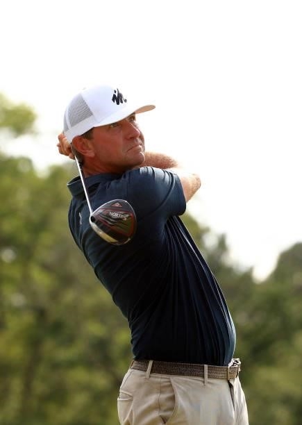 Lucas Glover plays his shot from the 17th tee during the first round of the Palmetto Championship at Congaree on June 10, 2021 in Ridgeland, South...