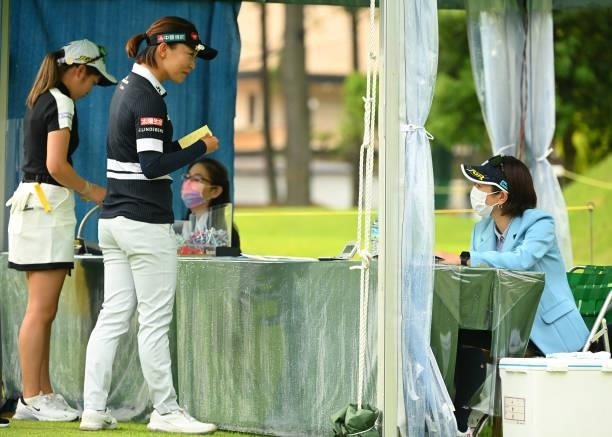 Tournament Ambassador Ai Miyazato talks to Teresa Lu of Chinese Taipei on the 10th tee during the second round of the Ai Miyazato Suntory Ladies Open...