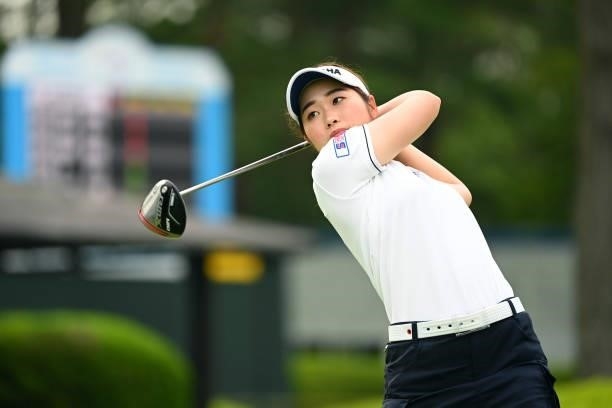 Nozomi Uetake of Japan hits her tee shot on the 10th hole during the second round of the Ai Miyazato Suntory Ladies Open at Rokko Kokusai Golf Club...