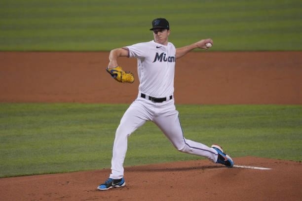 Trevor Rogers of the Miami Marlins delivers a pitch in the first inning against the Colorado Rockies at loanDepot park on June 10, 2021 in Miami,...