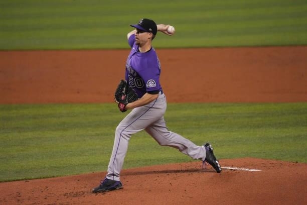 Chi Chi González of the Colorado Rockies delivers a pitch in the first inning against the Miami Marlins at loanDepot park on June 10, 2021 in Miami,...