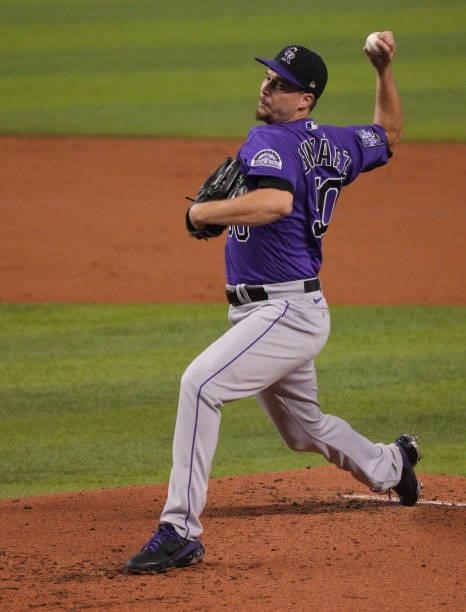 Chi Chi González of the Colorado Rockies delivers a pitch in the second inning against the Miami Marlins at loanDepot park on June 10, 2021 in Miami,...
