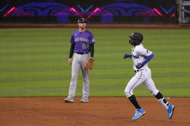 Jazz Chisholm Jr. #2 of the Miami Marlins runs the bases after hitting a three-run home run in the second inning against the Colorado Rockies at...