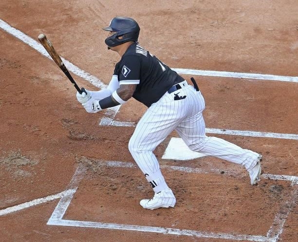Yermin Mercedes of the Chicago White Sox hits a double in the 1st inning against the Toronto Blue Jays at Guaranteed Rate Field on June 10, 2021 in...